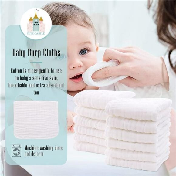 Muslin Burp Cloths Baby 12 Pack Soft Cotton Washcloths Spit Up Rags White - Picture 3 of 7